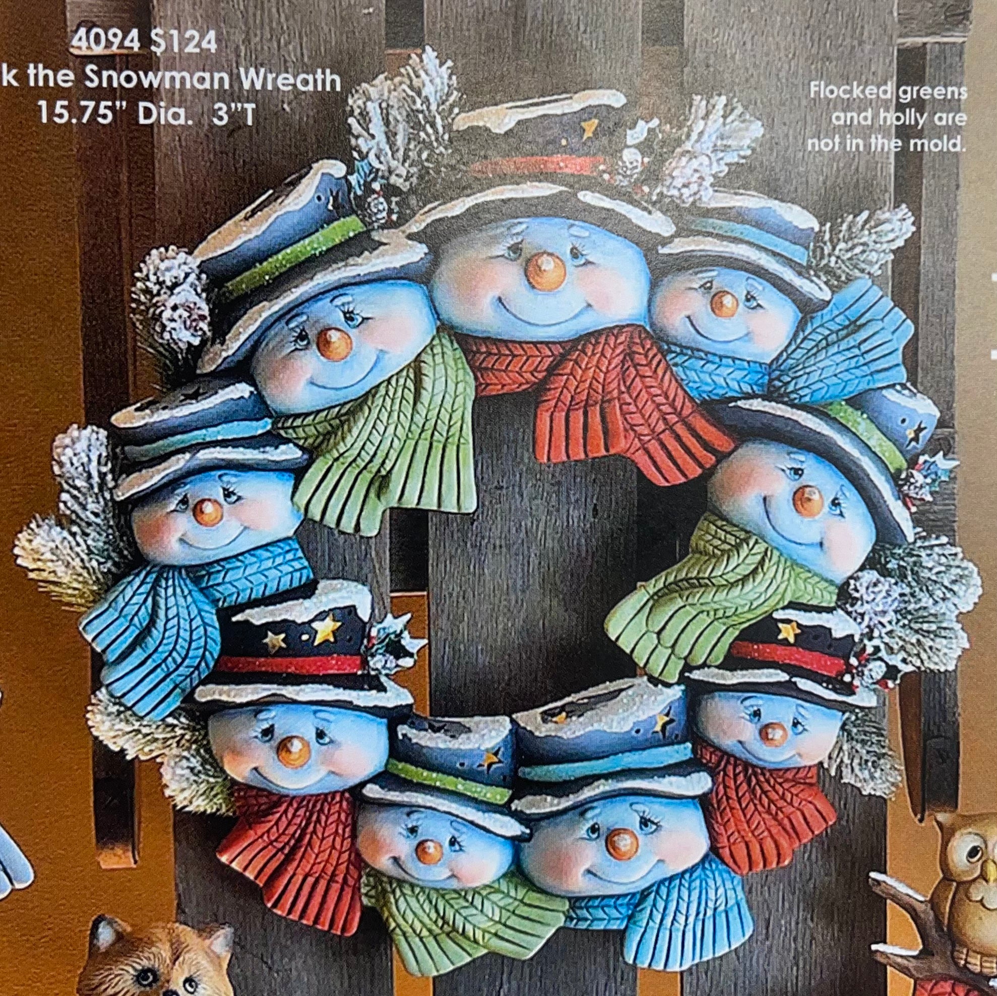 CM Snowman Wreath 15.75”D Flock Greens & Holly not includ.